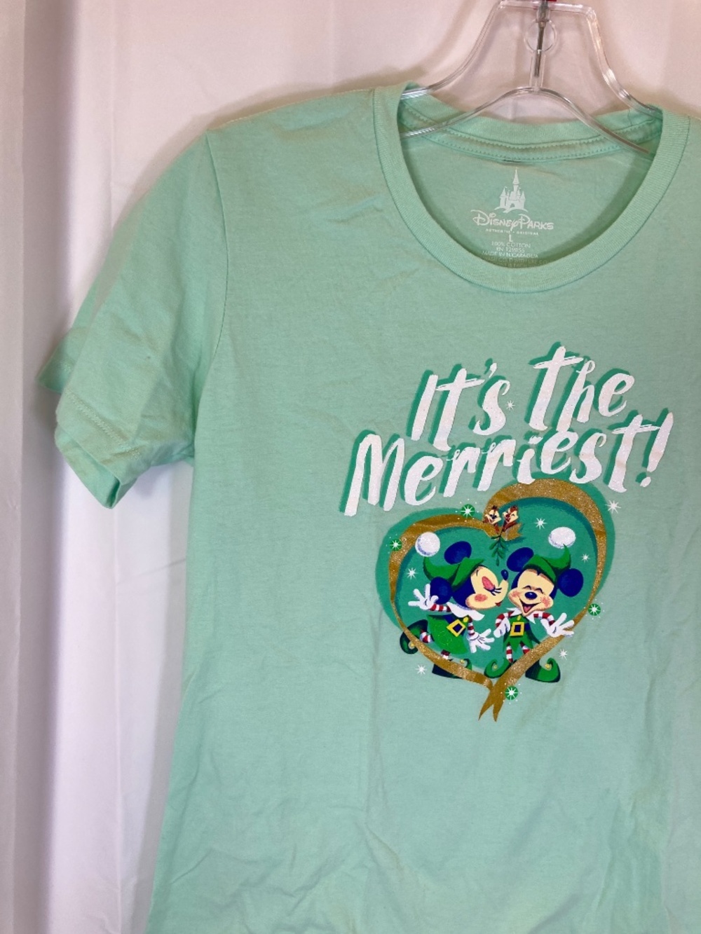 Disney Very Merry Christmas Party Shirt Sz L Green Short Sleeve Glitter 2017 - Picture 5 of 11